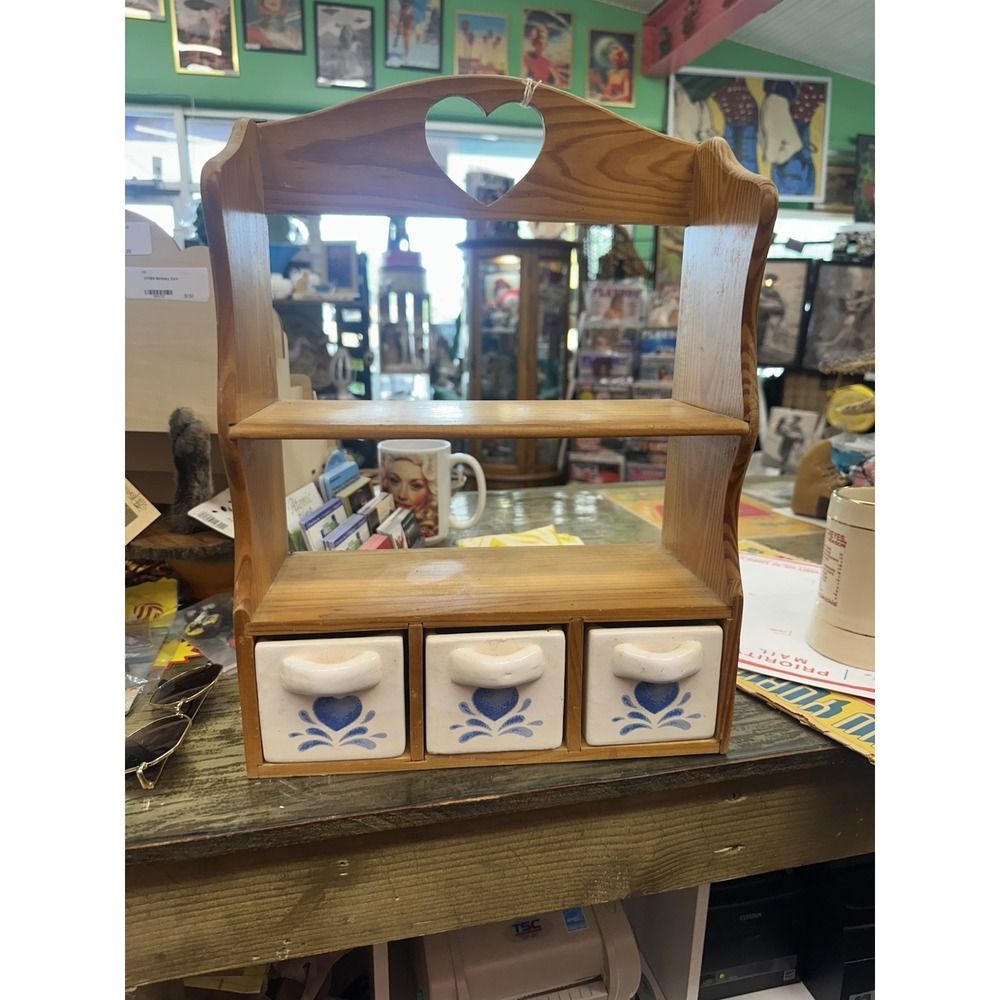 Cottagecore Country Blue Hearts Wooden Spice Rack Display Shelf Ceramic Drawers